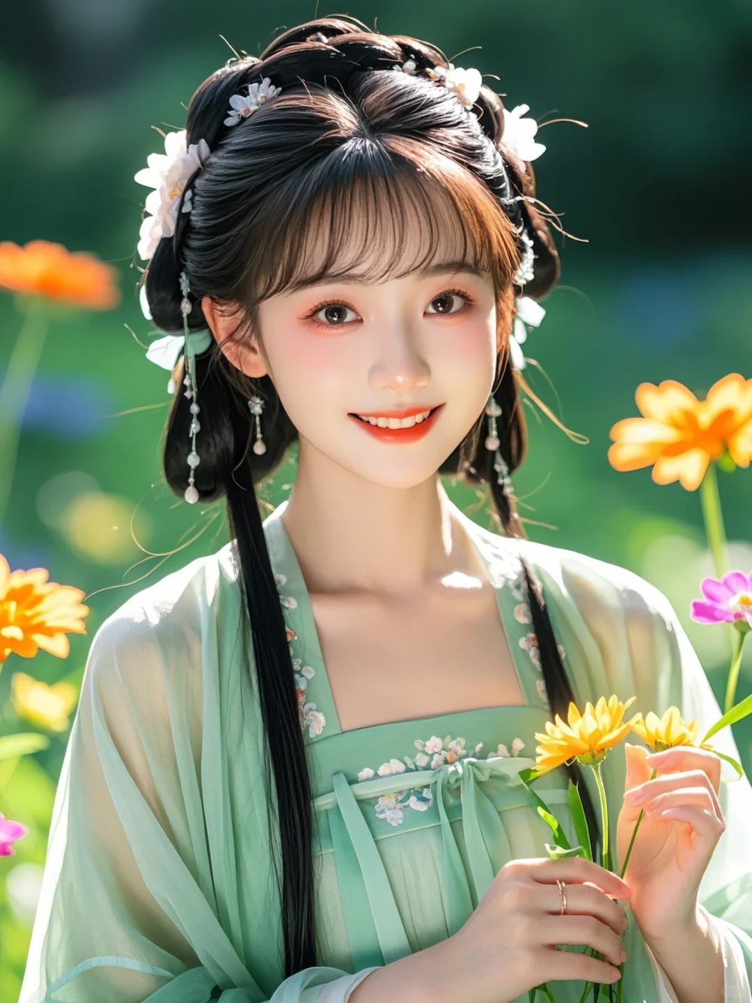 翠衣女子笑盈腮，春日花下久徘徊。