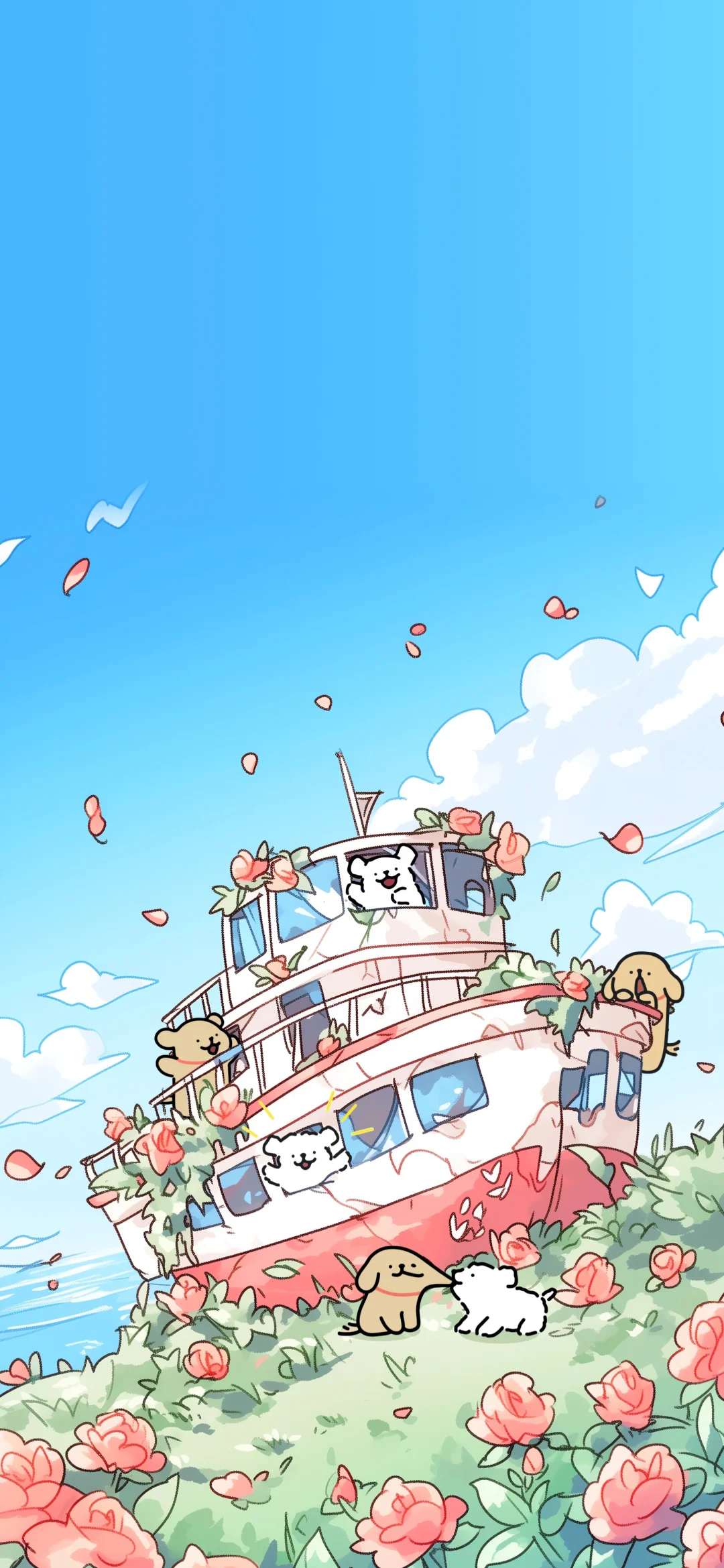 🌈线条小狗一起游玩玫瑰花海