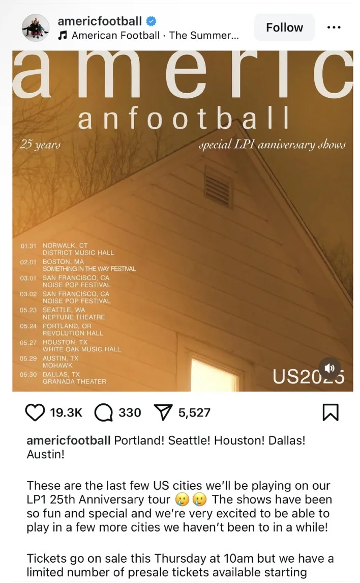 American football 美足乐队官宣美国巡演
