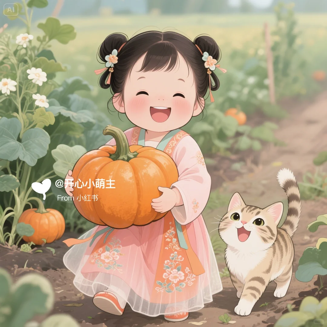 古风｜萌萌女宝和小猫咪摘南瓜