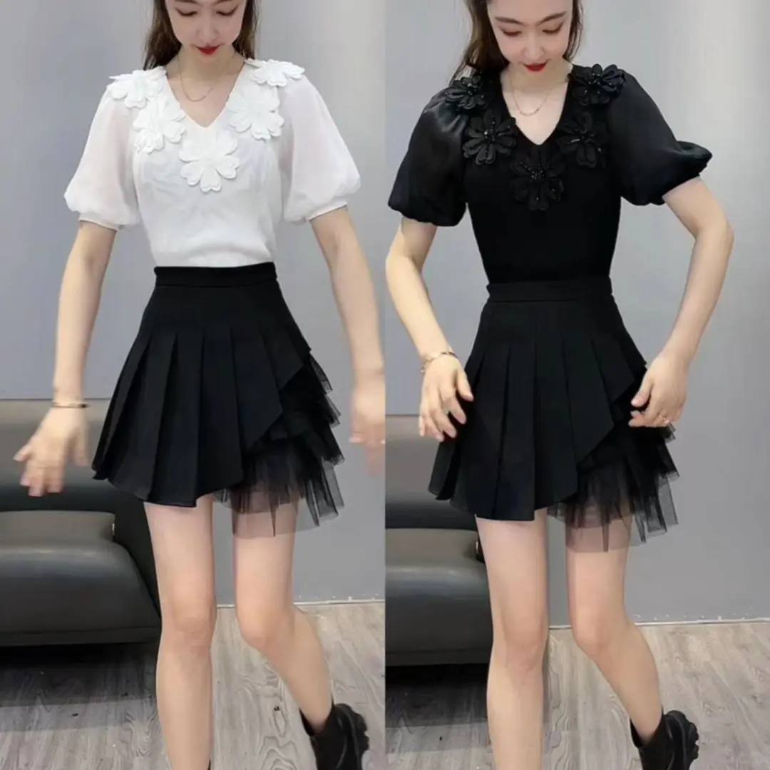 网纱拼接百褶半身裙女设计感小众夏季高腰显