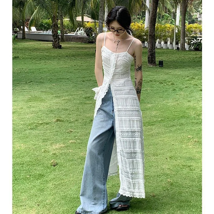 法式复古蕾丝吊带裙女夏季白色花边设计吊带