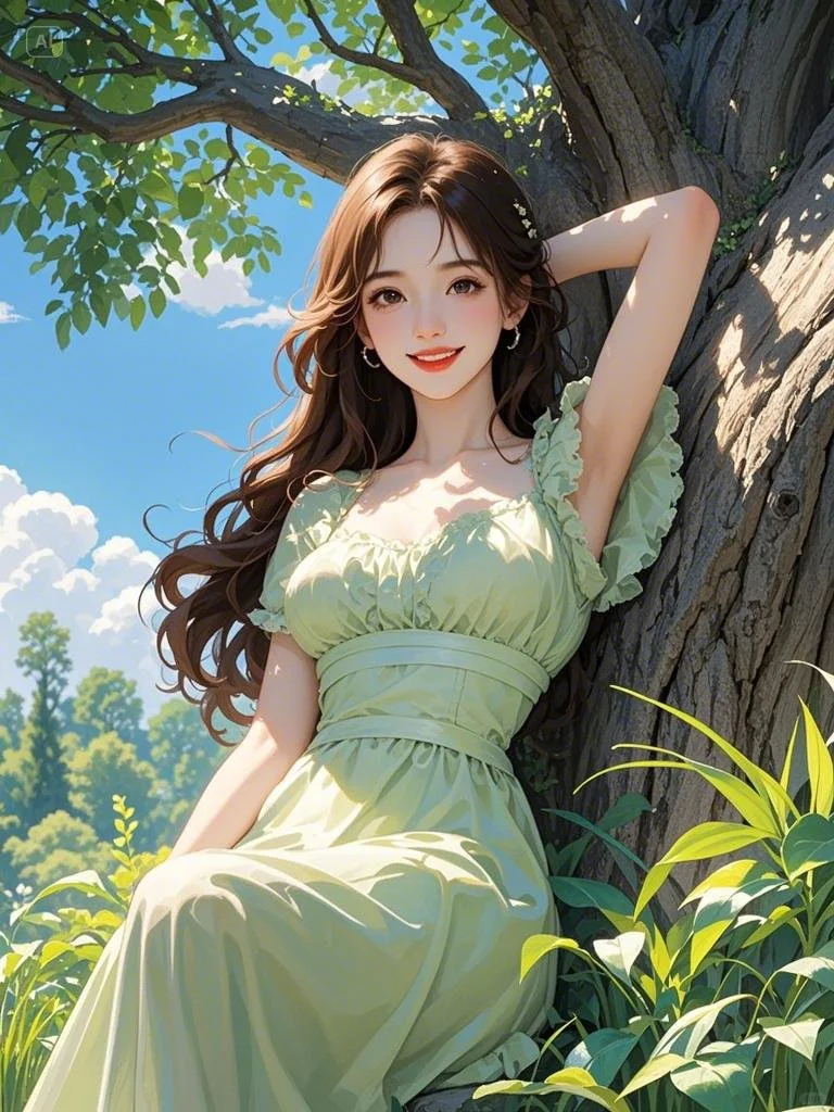 穿淡绿色长裙的少女