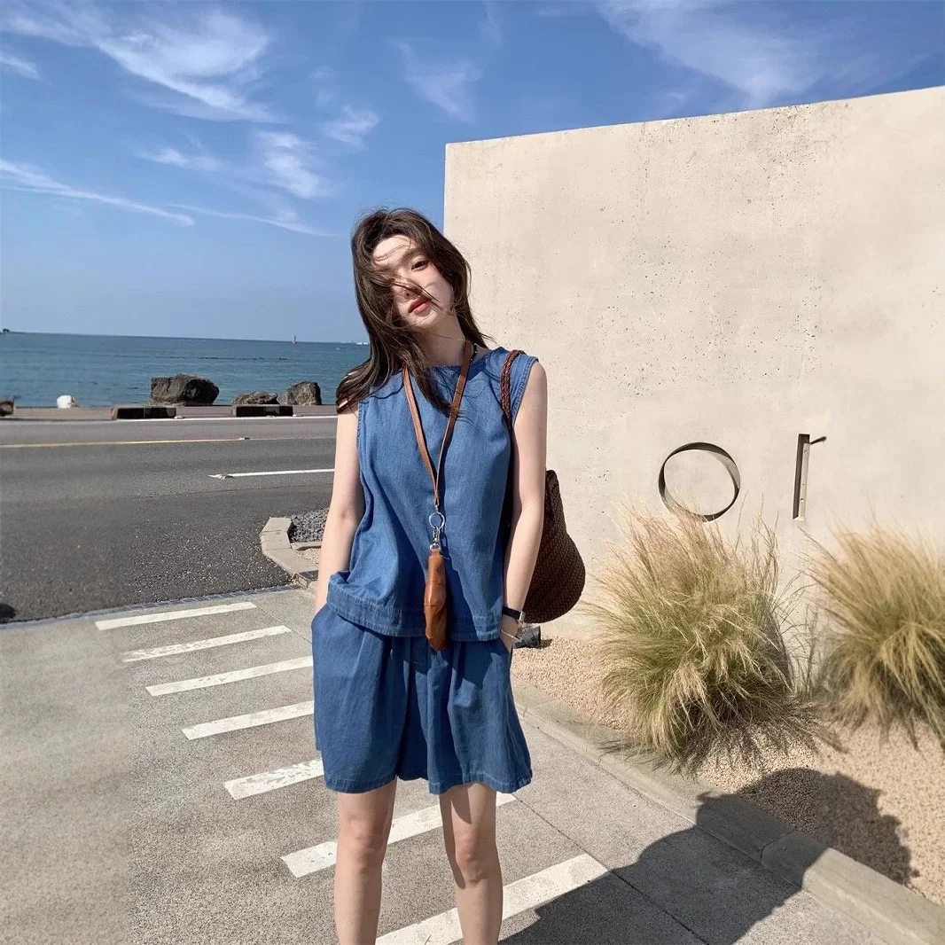 复古套装女深蓝色无袖挂脖背心夏季新款阔腿