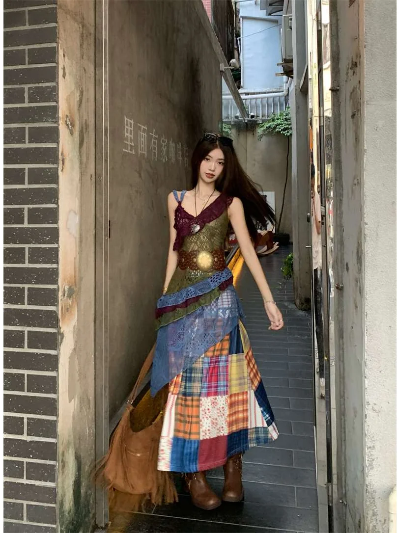 海岛边波西米亚吊带连衣裙女绝美芭乐彩色艺