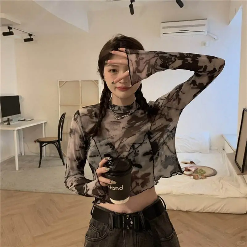 辣妹透视皮肤上衣短款打底小衫女扎染网纱防