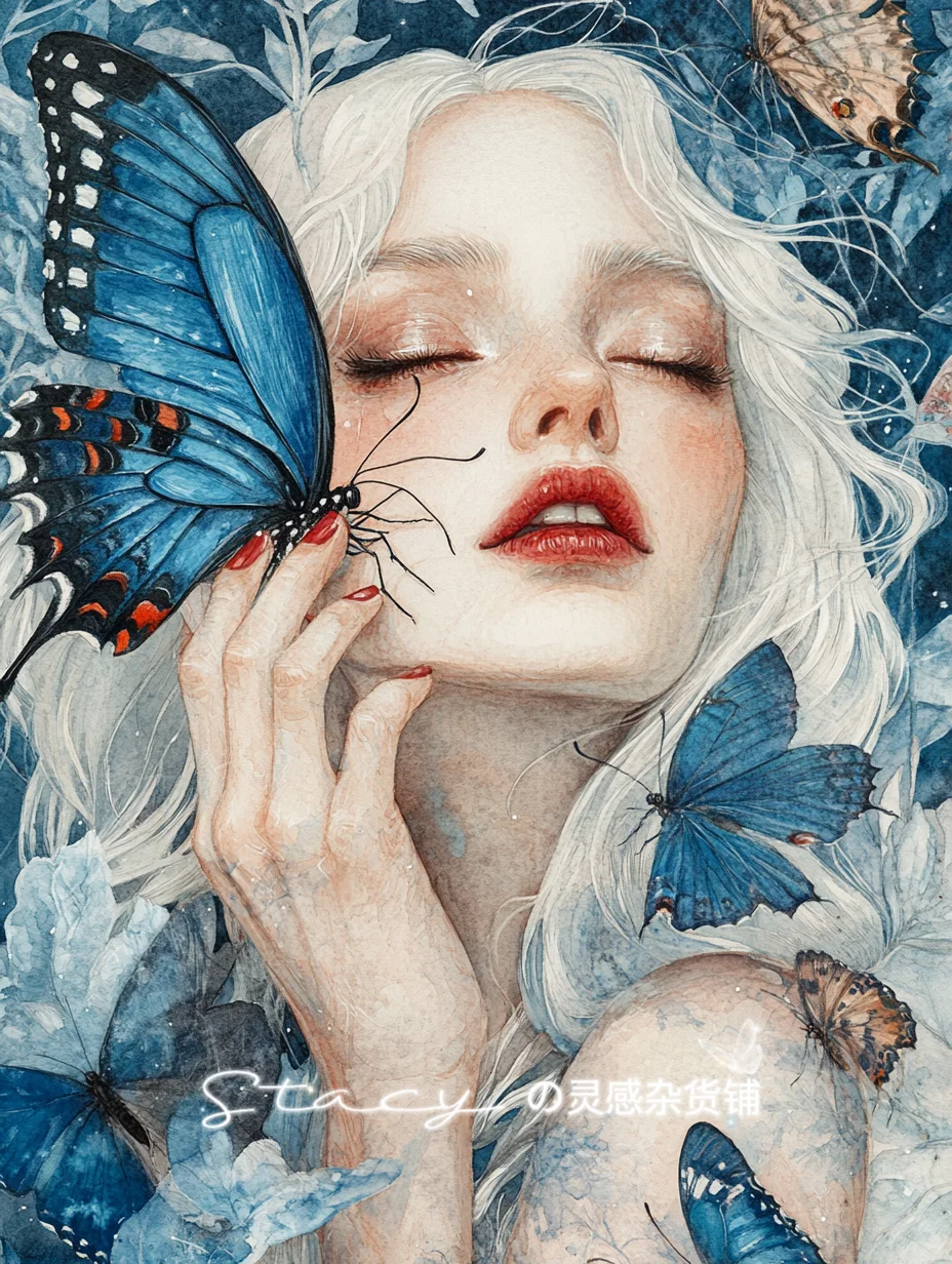 治愈系插画 ▏蓝色系 ▏少女与蓝色蝴蝶🦋