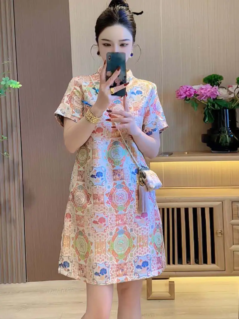 新中式提花盘扣短袖改良旗袍裙女夏天修身显