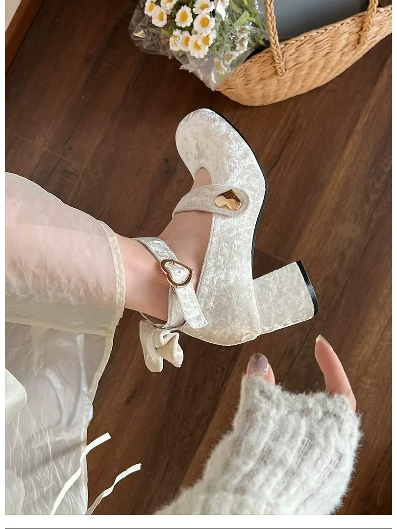 玛丽珍鞋女复古圆头金丝绒lolita鞋子