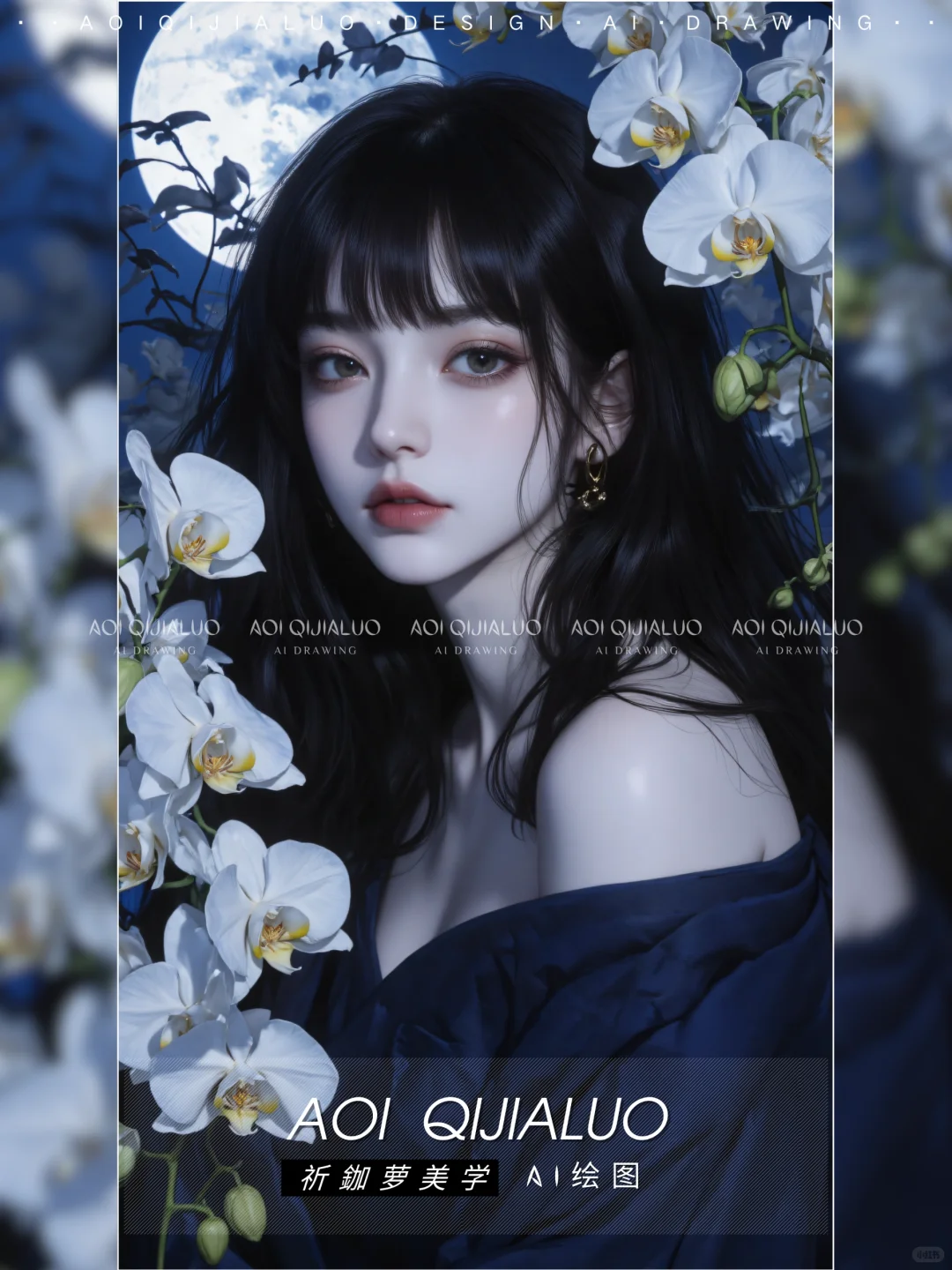 203💙黑发深蓝色长裙美女
