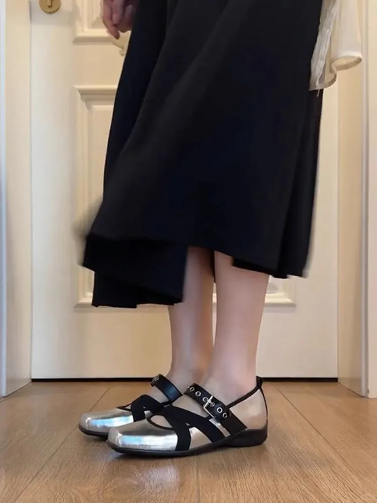羊皮版~法式复古风交叉带方头玛丽珍鞋女新