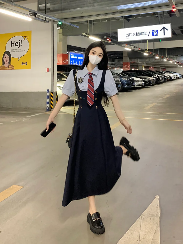 大码学院风假两件连衣裙女夏季短袖百褶裙胖