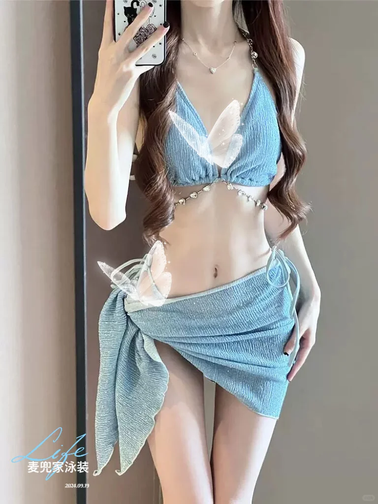 水钻牛仔亮面时尚设计泳衣🩱显白显身材好看