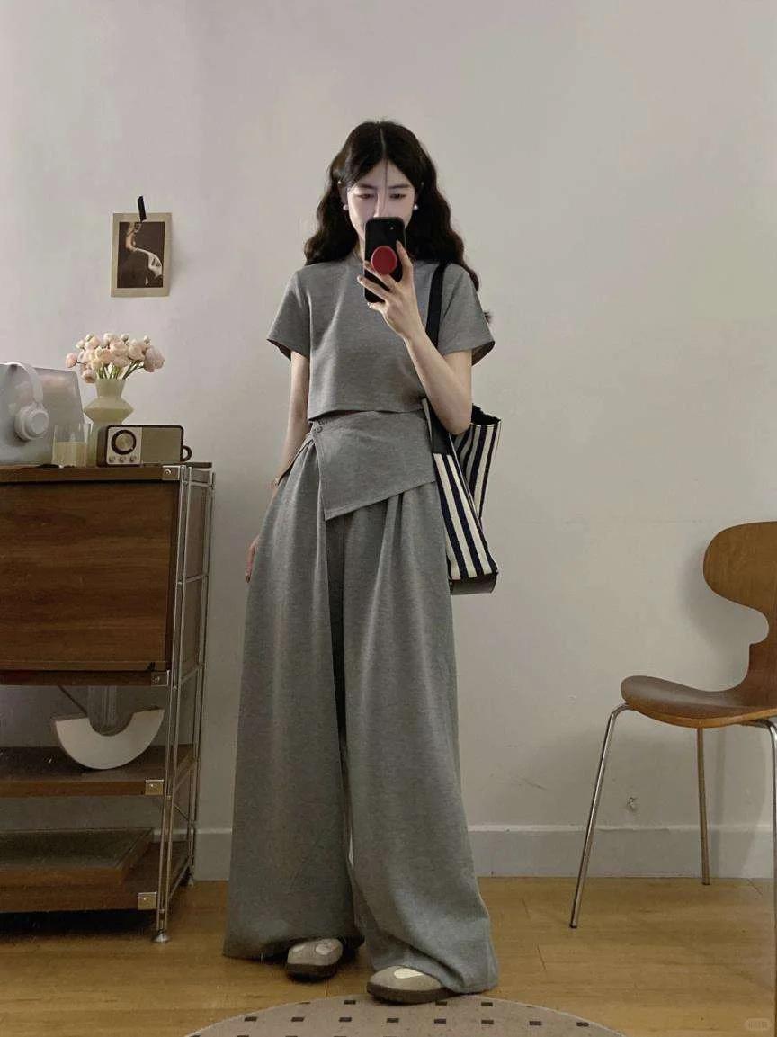 大码复古休闲套装女夏季圆领短袖上衣胖MM