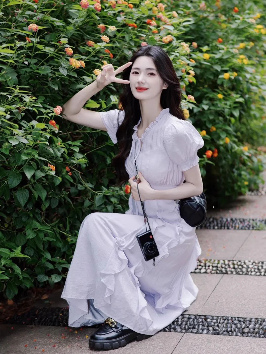 法式桔梗泡泡袖紫色连衣裙显瘦绝美长裙👗