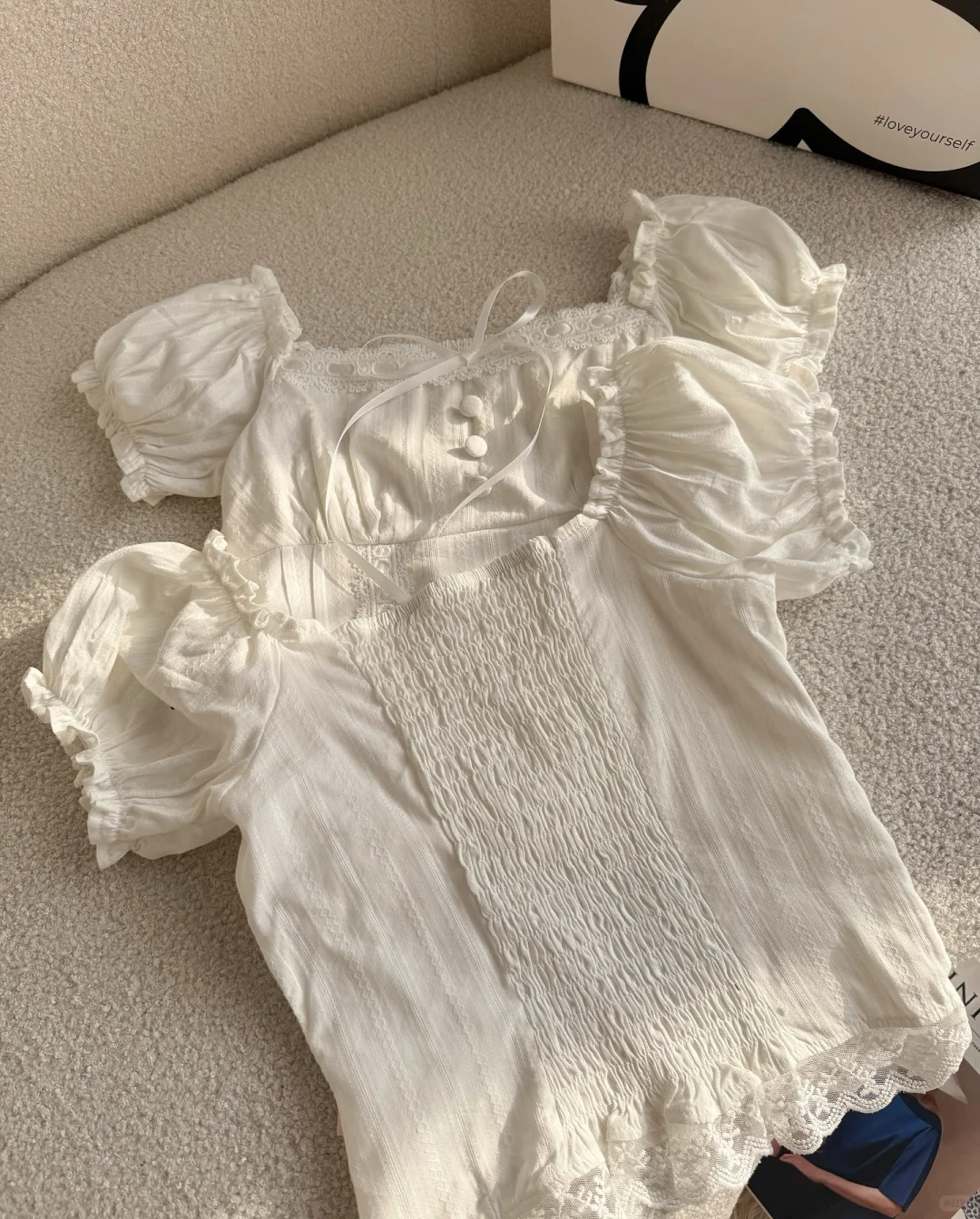 白色蕾丝雪纺短袖衬衫上衣🖤vintage古着~