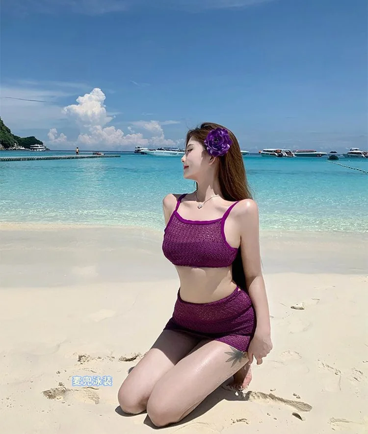 紫色度假泳衣👙显瘦显身材法式复古纯欲气质