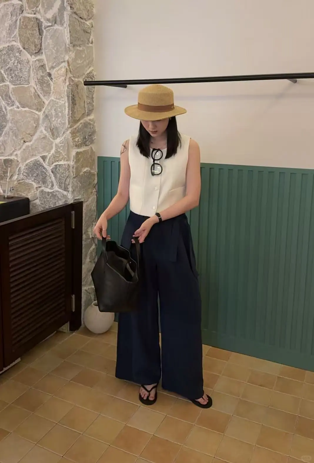 温图 亚麻阔腿裤