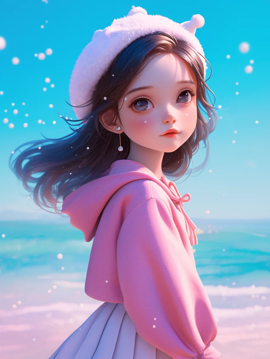《海风轻拂：海边小美女的悠然时光》