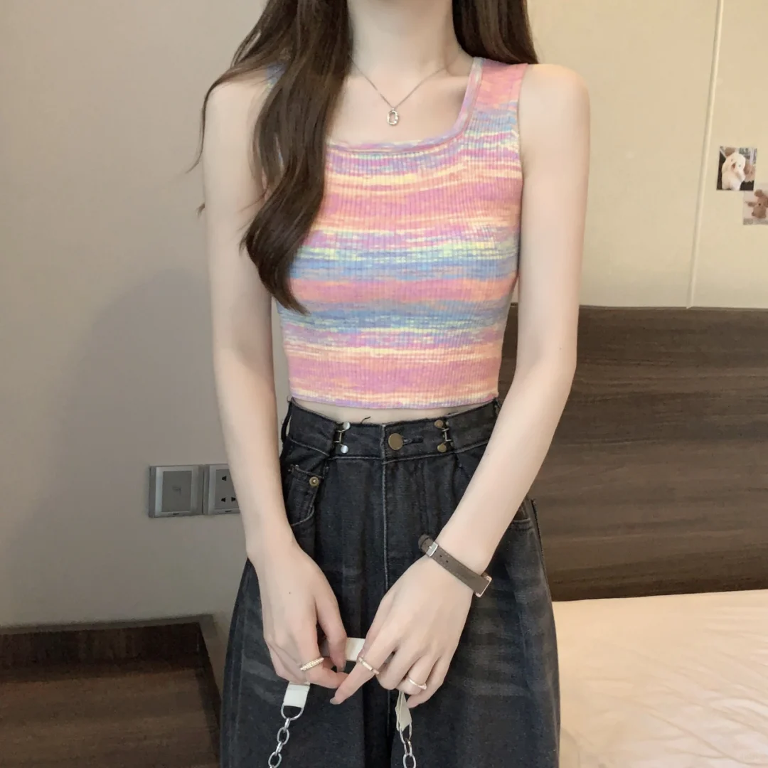 彩虹针织吊带背心女夏多巴胺配衬衫内搭外穿