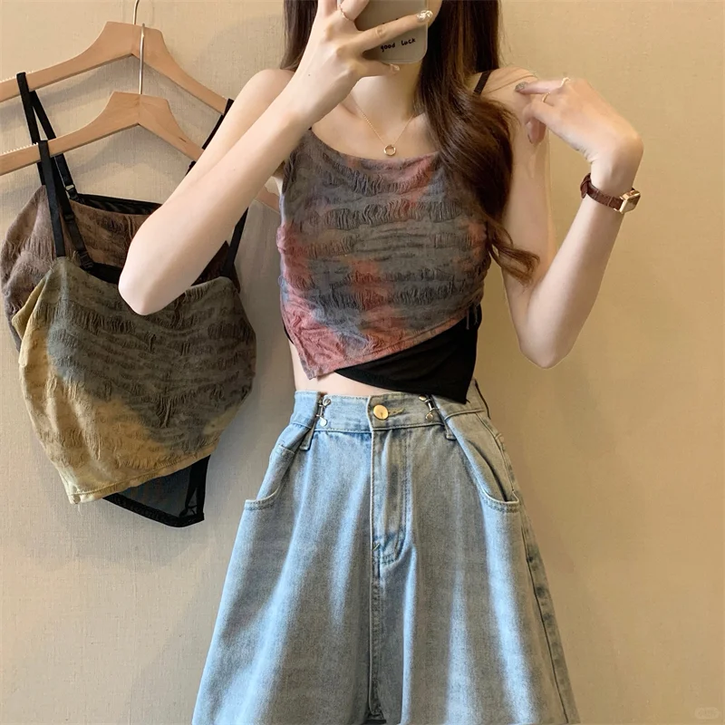 吊带女夏季2025新款*扎染假两件背心外