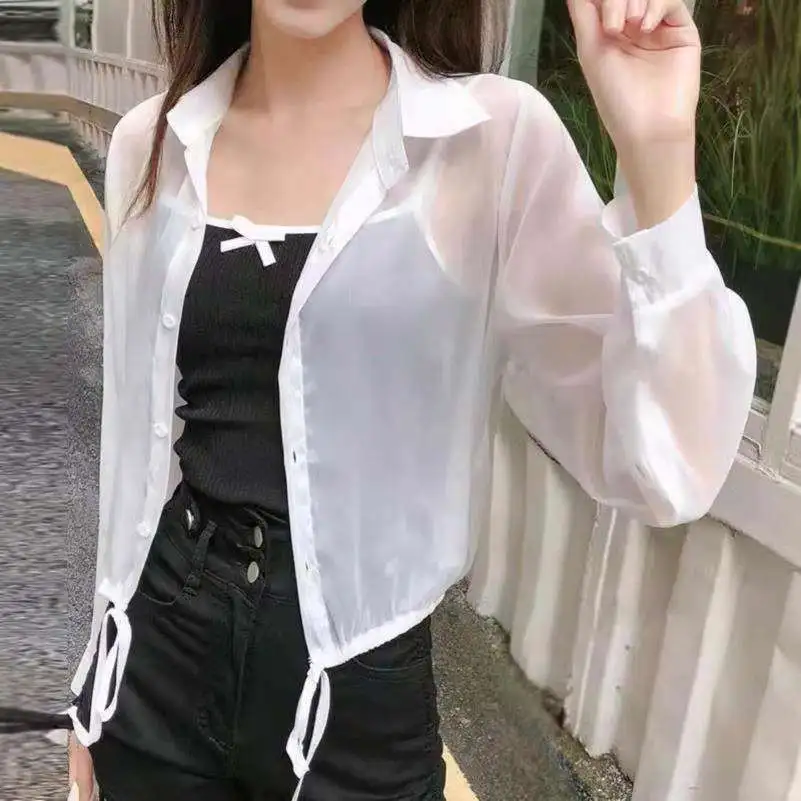 网纱珠光雪纺衬衫女夏轻薄透视披肩外搭上衣