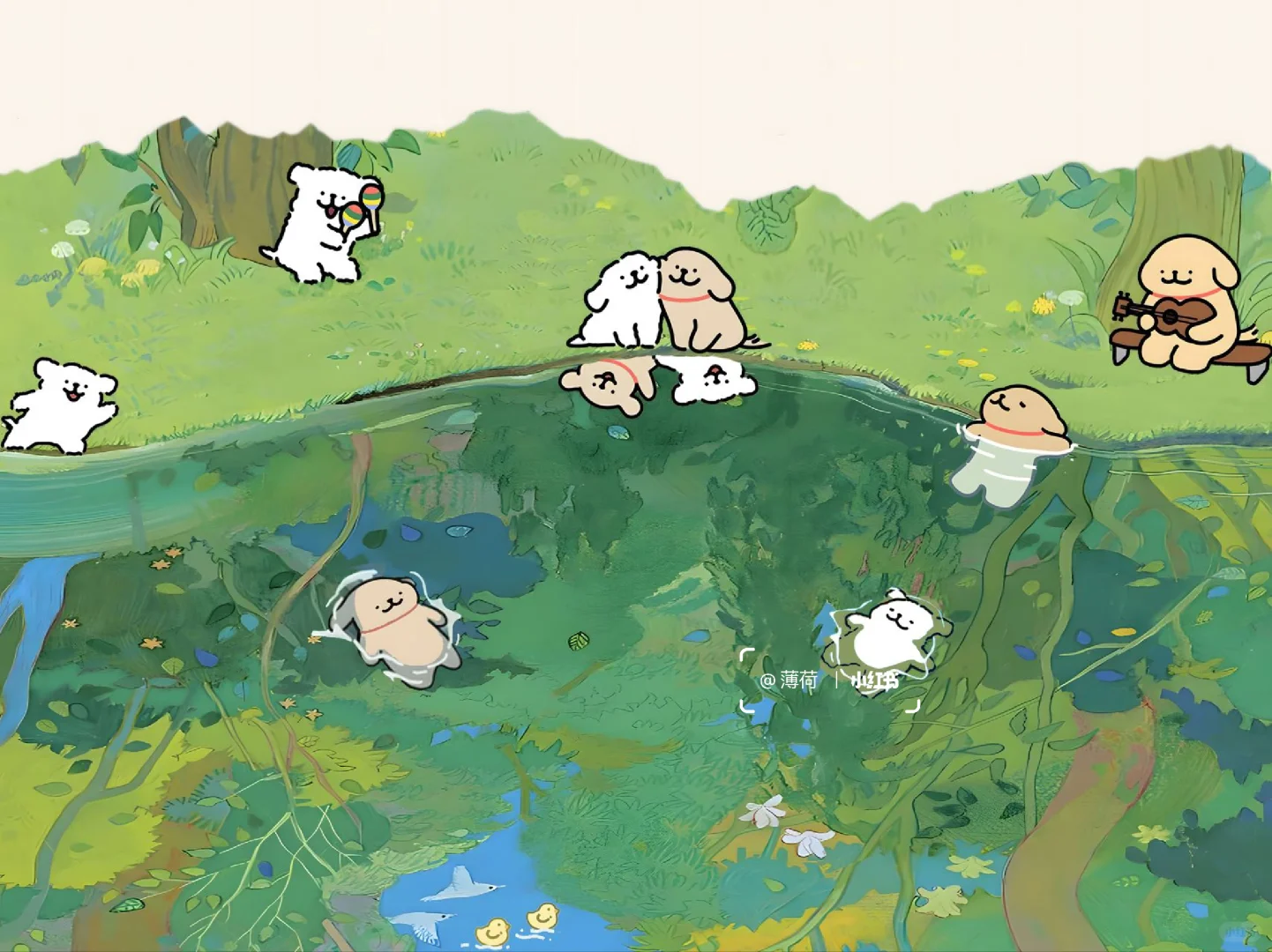 春日治愈ipad/电脑壁纸之池塘chiikawa