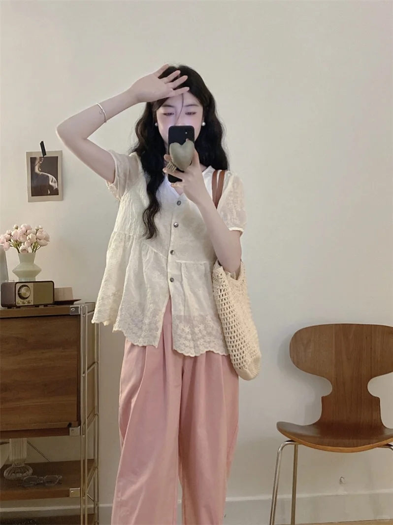 大码时尚套装女夏季宽松显瘦V领蕾丝衬衣微