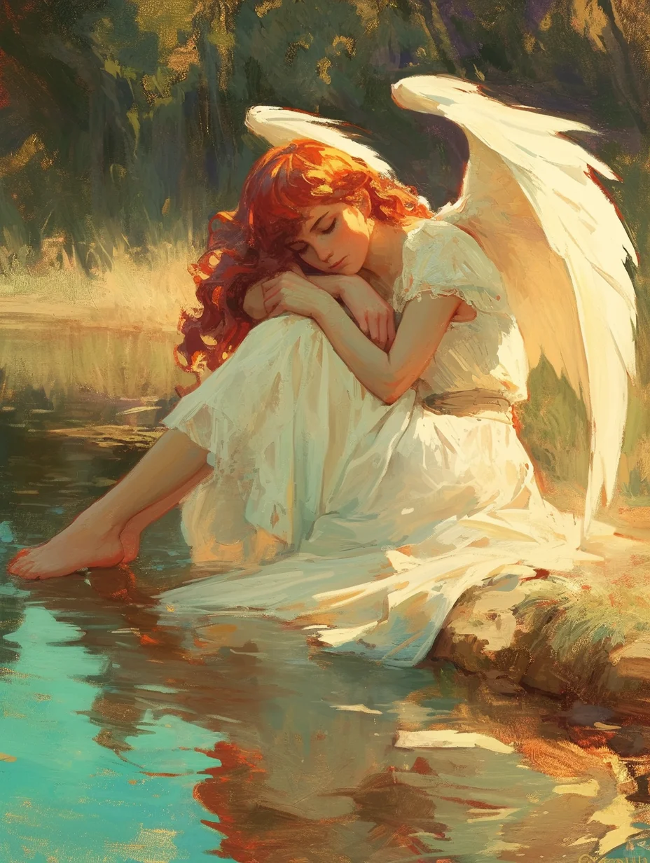 油画少女系列｜水畔的红发天使