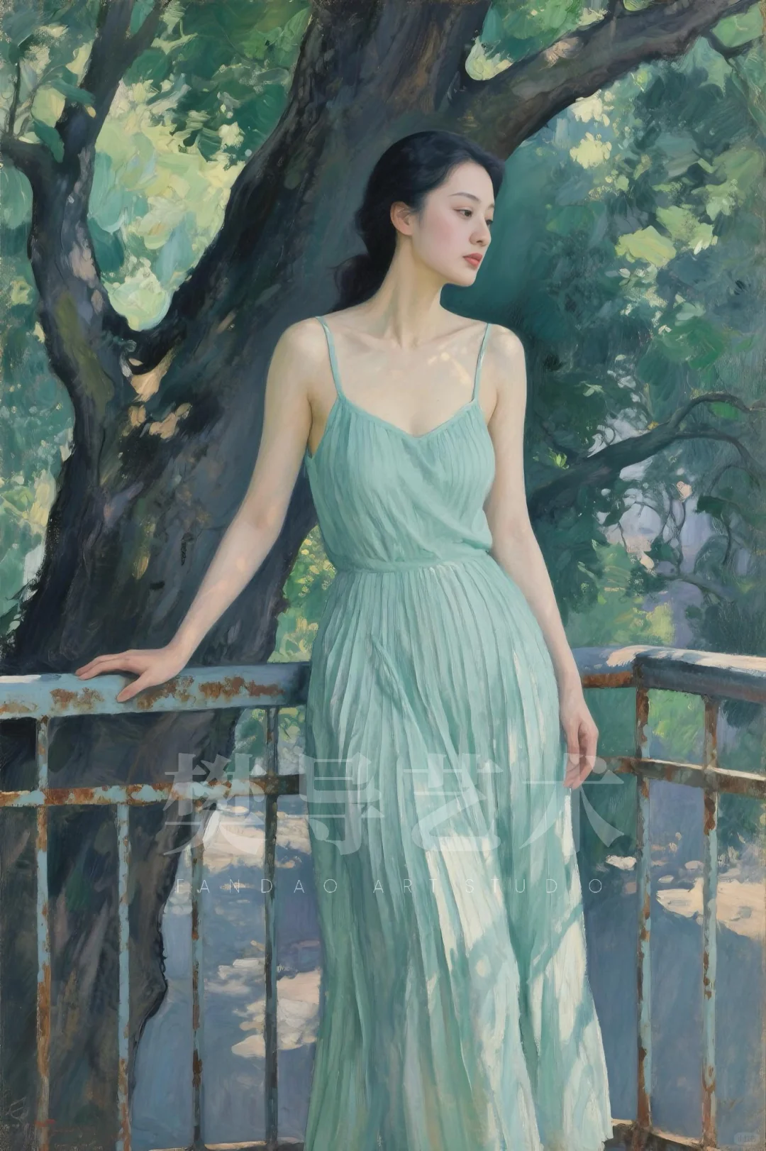 原创数字油画《阳台上的少妇》，有塞尚味道