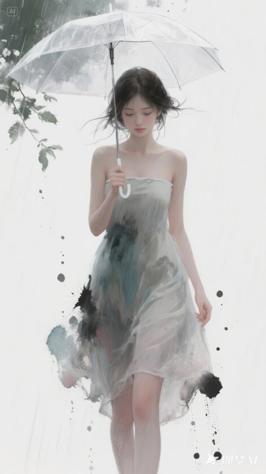 AI油画：雨中少女