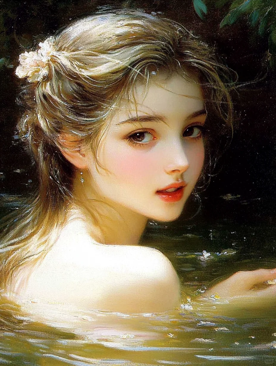 清波荡漾间绽放的一抹倩影，《河边沐浴的少女