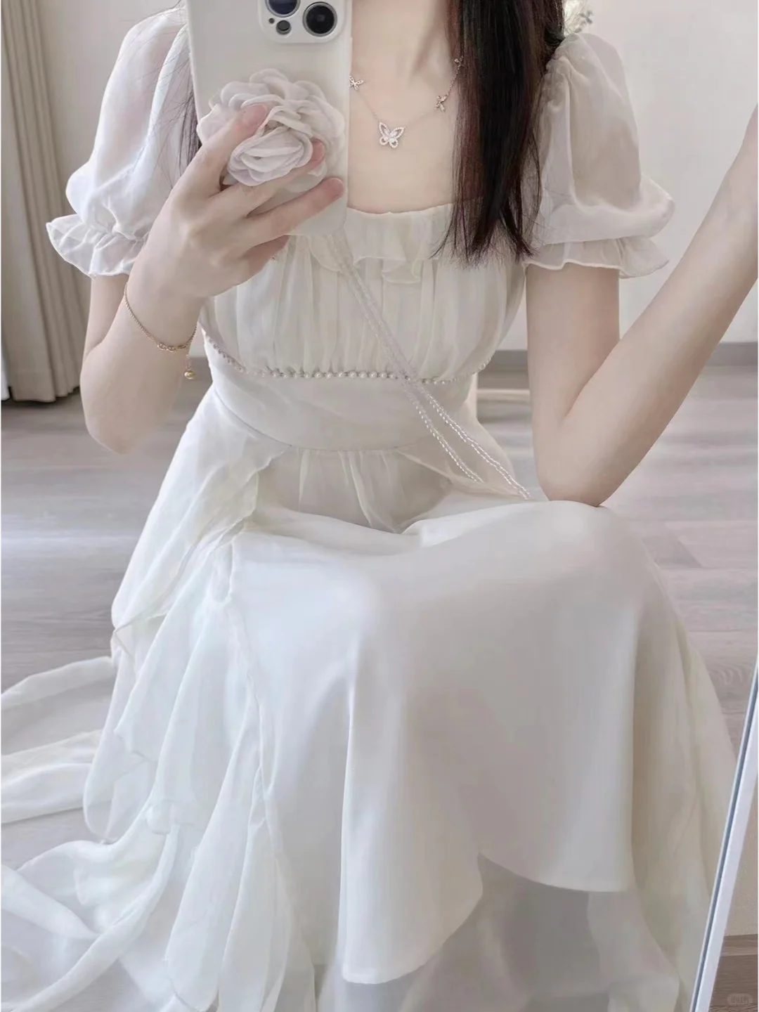 法式桔梗泡泡袖粉色连衣裙显瘦绝美长裙👗