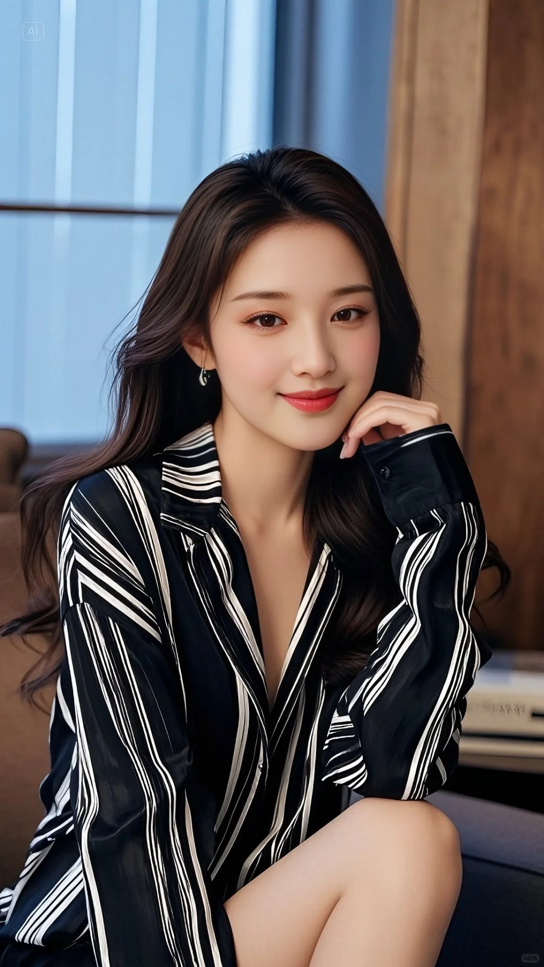 蓝白条纹衬衫好看不？（AI美女）
