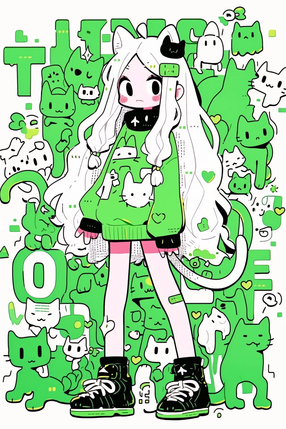 midjourney活力绿色猫系女孩涂鸦