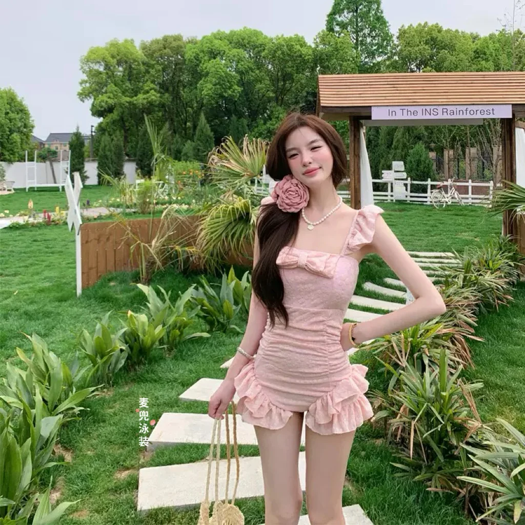 樱花粉泡泡纯欲👙泳衣夏日甜妹显瘦比基尼