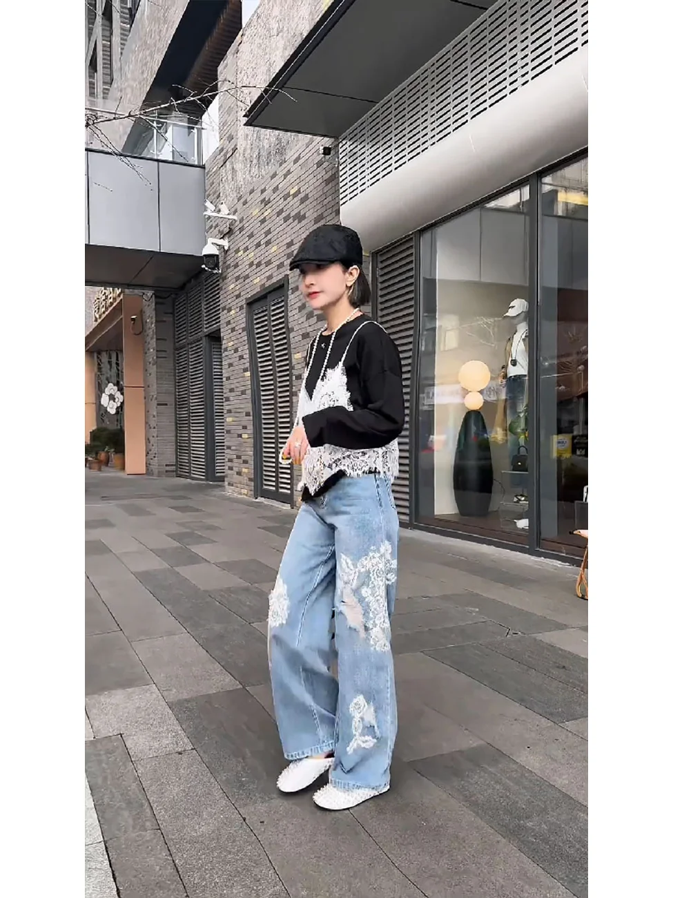 欧货大码工装牛仔裤女2025新款时尚蕾丝