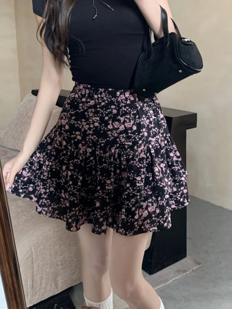 大码胖mm松紧腰甜美小碎花半身裙女春秋2