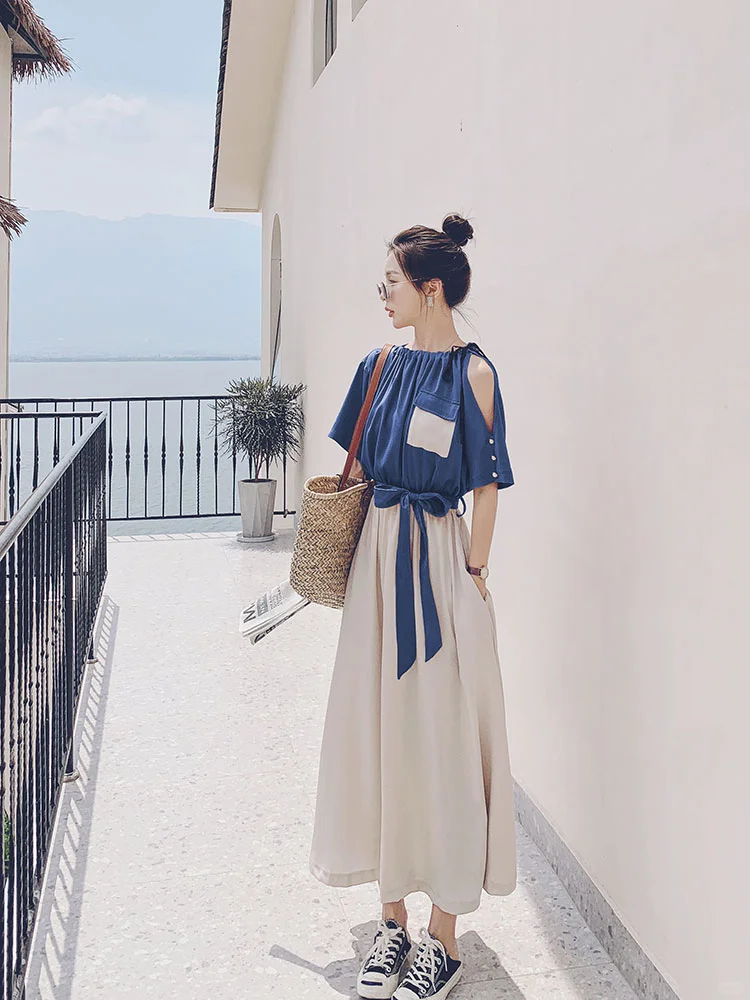 蓝白撞色露肩套装｜夏日度假风清新穿搭！
