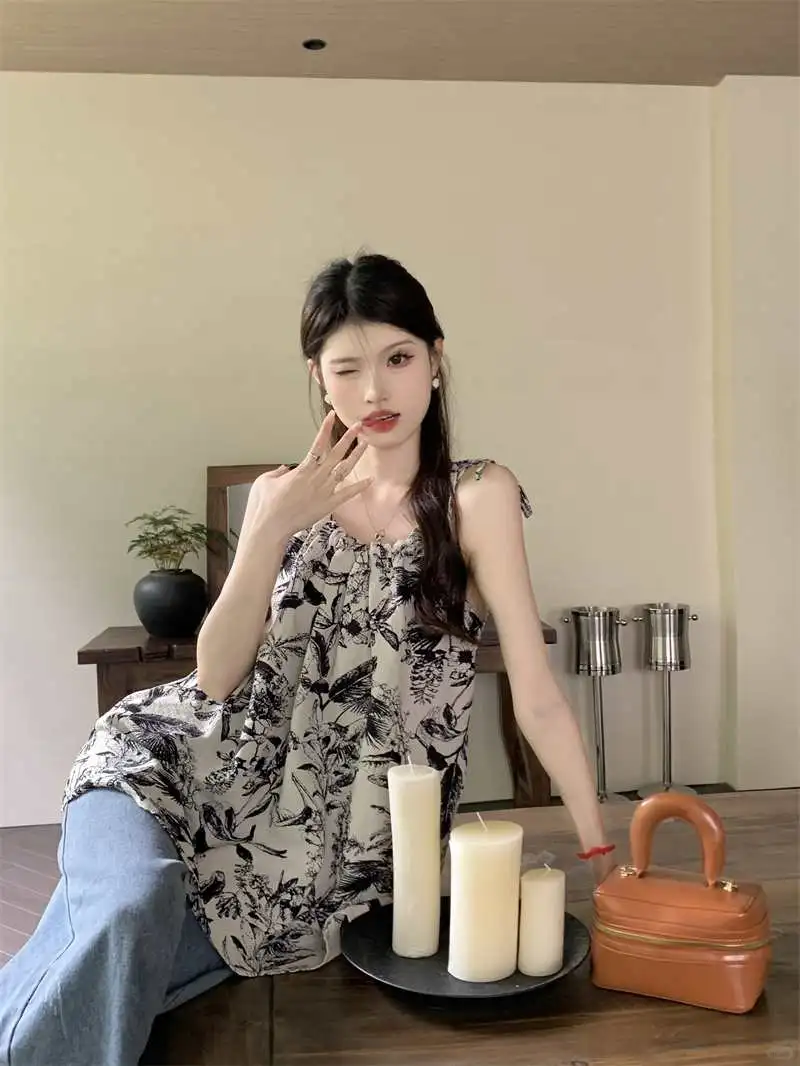 复古水墨印花吊带背心女夏季2024新款外