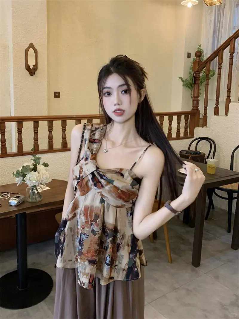 复古水墨吊带衬衫女春季2025新款设计感
