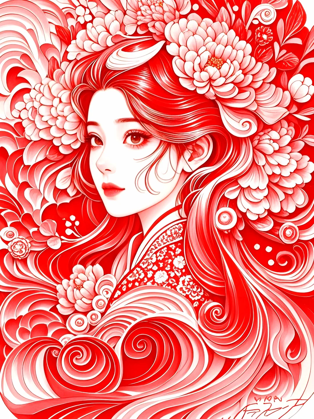 剪纸女孩丨花饰