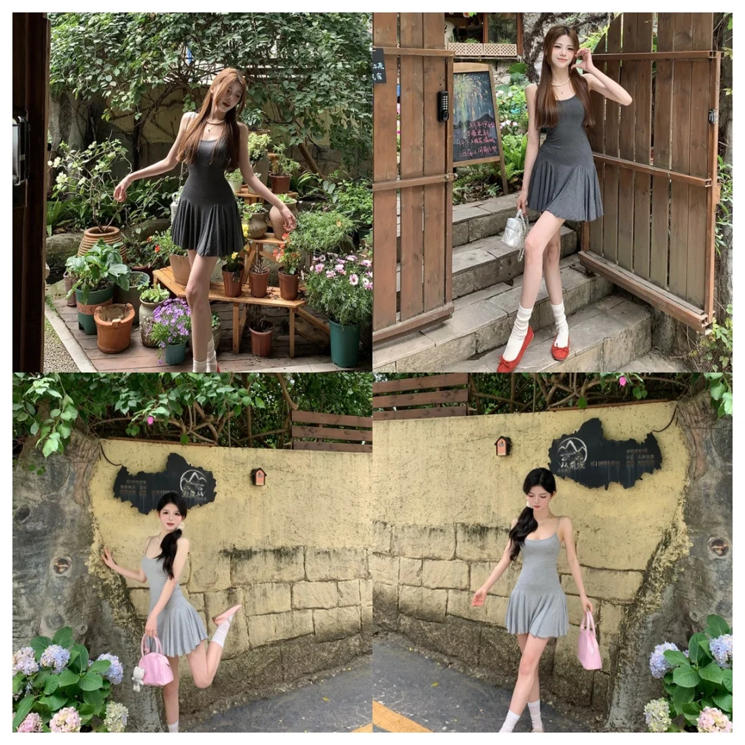 👗🔥 纯欲交织，黑色吊带连衣裙的辣妹