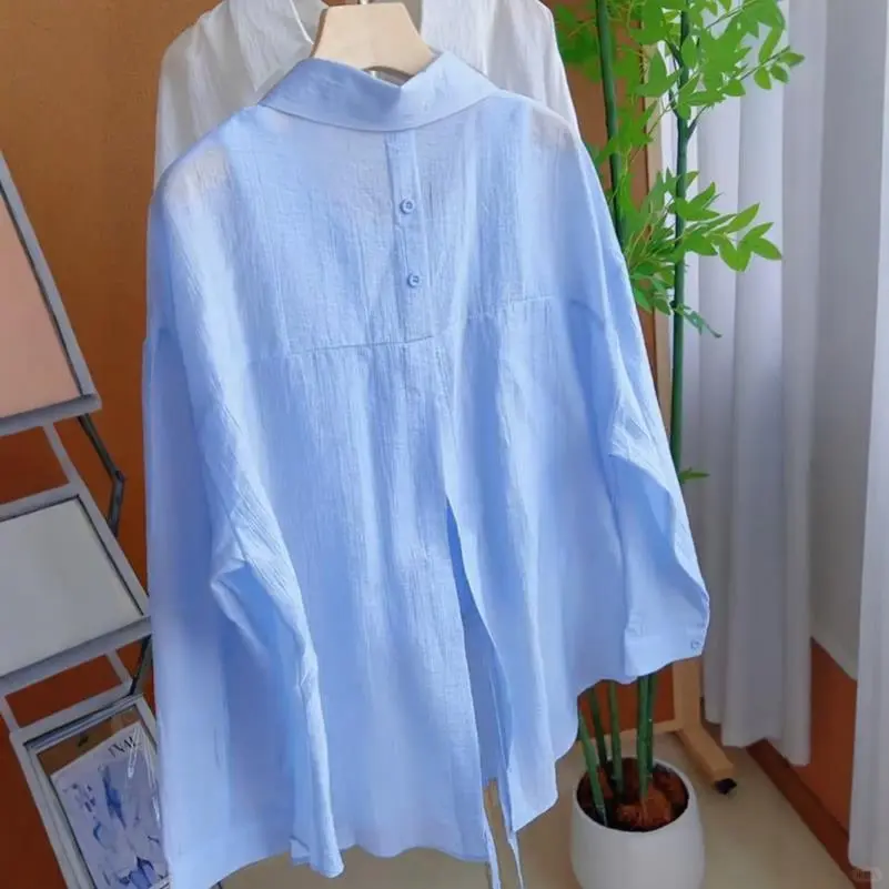 蓝色POLO领长袖轻薄透视防晒衬衫外套女