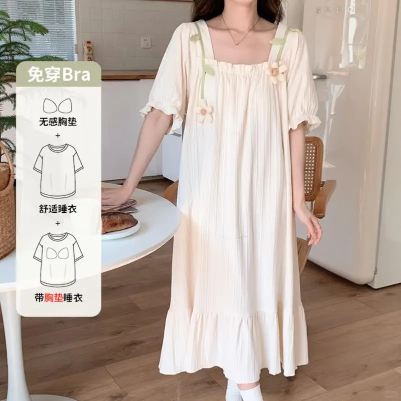 夏季天公主风带胸垫中长款短袖纯棉睡衣裙女