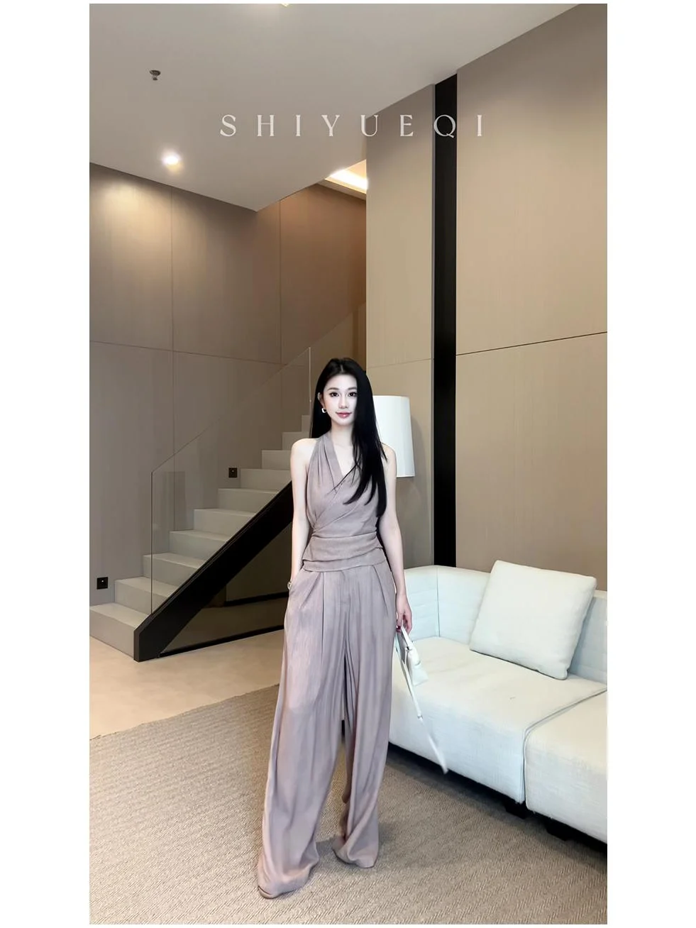 十三行时尚套装女夏季V领系带收腰马甲高腰