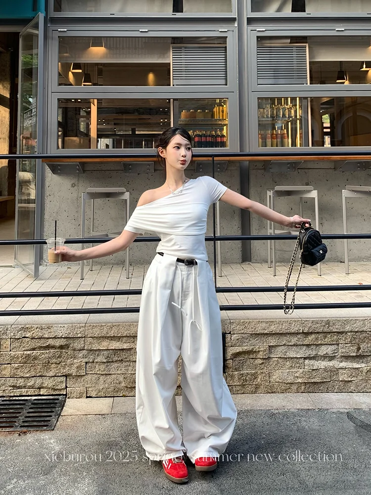 谢不肉 慵懒高腰阔腿休闲裤女夏季韩系宽松