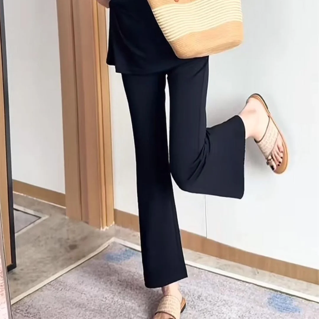 黑色九分冰丝微喇休闲裤女夏季薄款显瘦喇叭