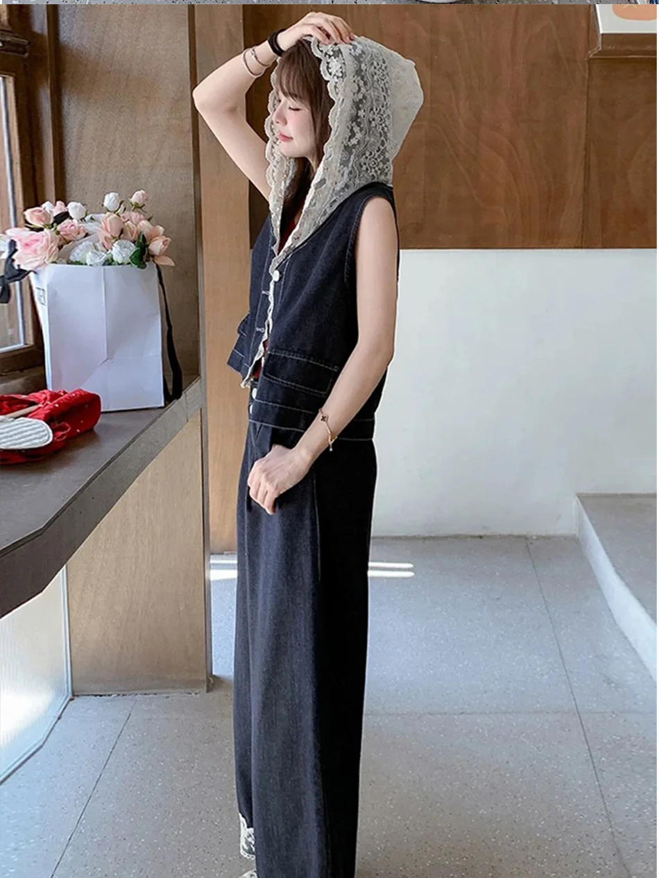时尚牛仔套装女2025夏季新款蕾丝拼接连