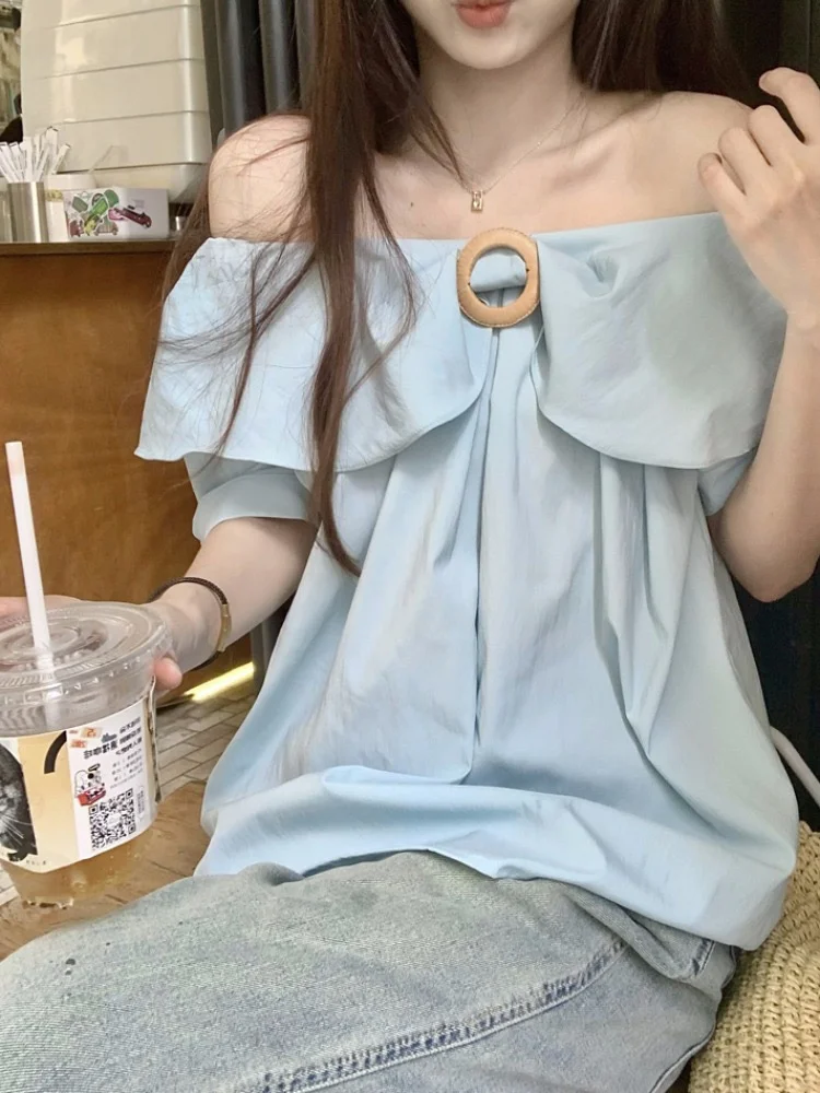 荷叶边一字肩小众短袖衬衫女夏季韩系蓝色甜